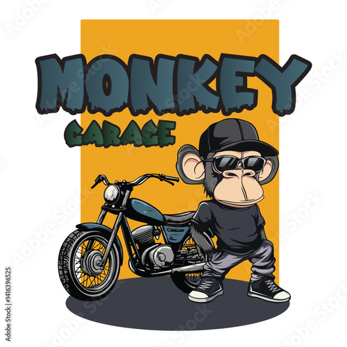 cool monkey garage mascot rider, Motorcycle enthusiasts team, Cartoon Illustration Design for sticker, badge, patch, banner, greeting card, invitation
