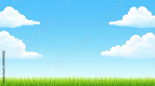 Scenic landscape with fluffy clouds and green grass creates a beautiful copy space for text, offe a standard v2-4.1x backdrop for creative projects.