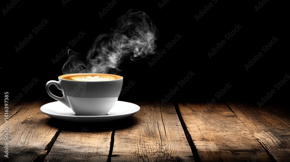 Fototapeta premium Steaming coffee cup on rustic wooden table