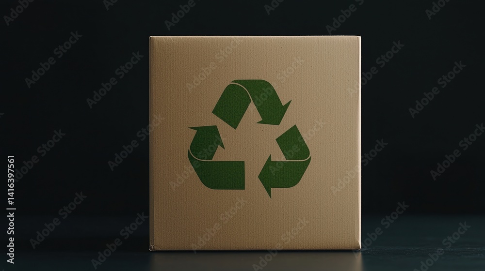A cardboard box featuring a green recycling symbol, emphasizing sustainability and eco-friendliness.