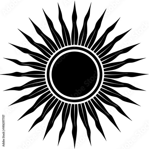 Line art vector silhouette of a bright sun with rays extending outward 
