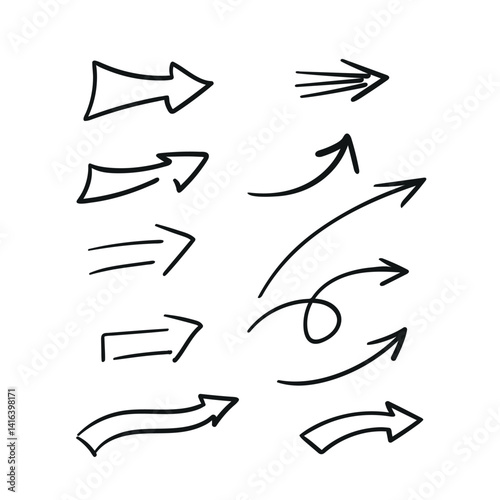 Arrow sign. Hand drawn pointer icon. Indicator vector illustration. Flat line art sloppy doodle arrow template