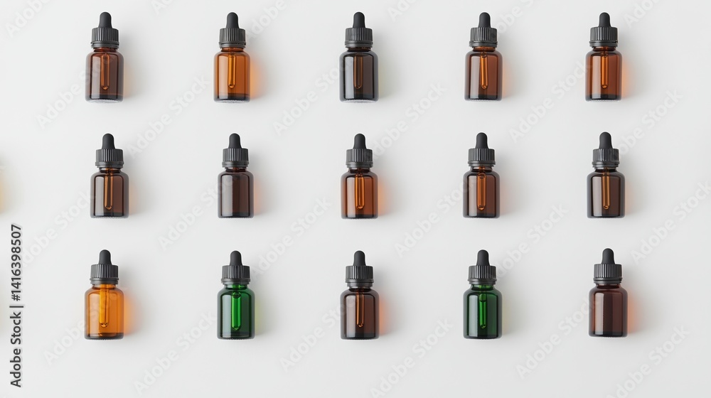 A neat arrangement of various colored glass dropper bottles on a white surface, showcasing different shapes and sizes. A neat arrangement of various colored glass dropper bottles on a white surface, showcasing different shapes and sizes.