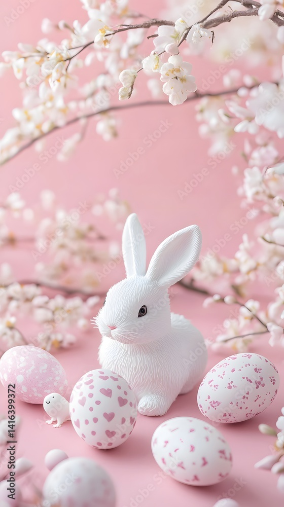 Obraz premium Pastel Pink Easter Bunny with Blossoms and Eggs