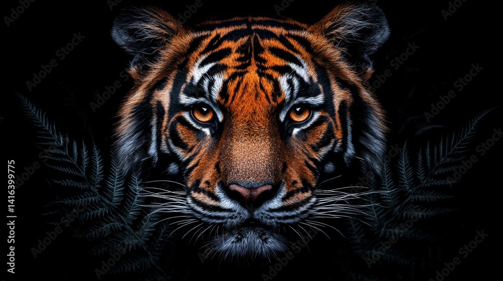 Fototapeta premium Captivating close-up portrait of a Bengal tiger in the dark highlighting its intense gaze and distinctive stripes with artistic embellishment for wildlife enthusiasts