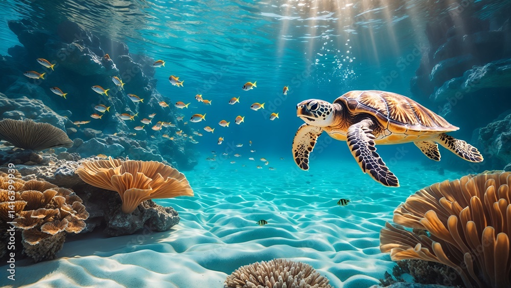 Naklejka premium Sea turtle swimming underwater with coral reef