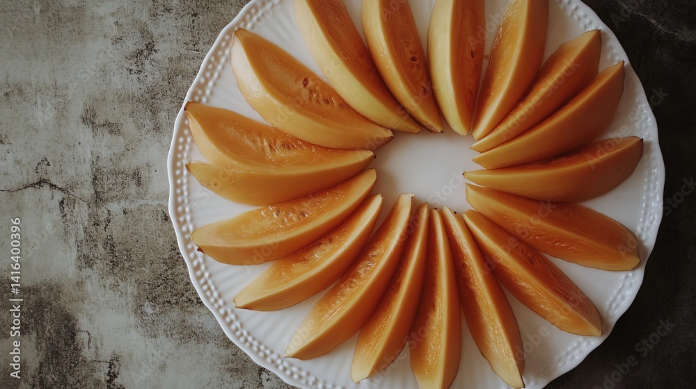 Obraz premium Fresh Cantaloupe Slices Arranged on Plate Ready to Eat
