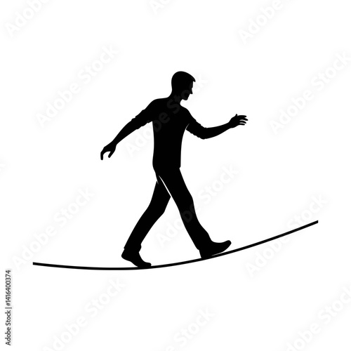 Black silhouette vector of a person walking on a tightrope  white background