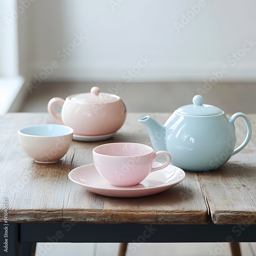 Pastel tea set on wooden table
