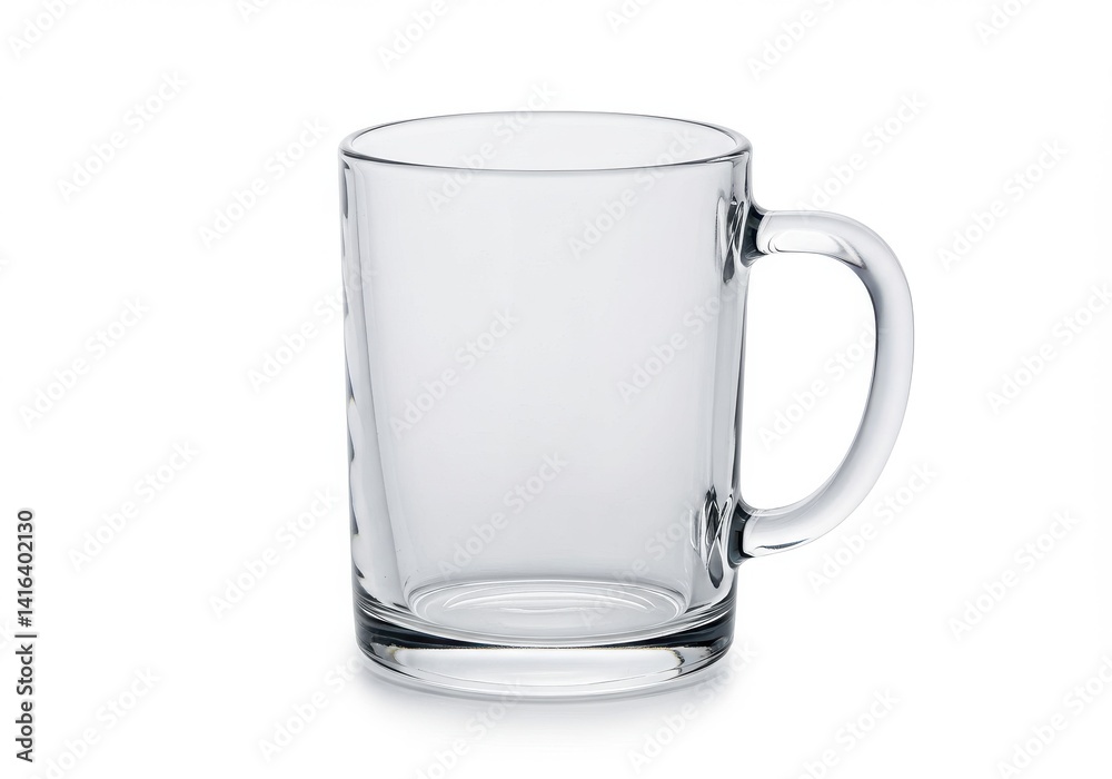 Isolated clear glass mug with handle on a white background in a studio shot showcasing its simplicity Isolated clear glass mug with handle on a white background in a studio shot showcasing its simplicity