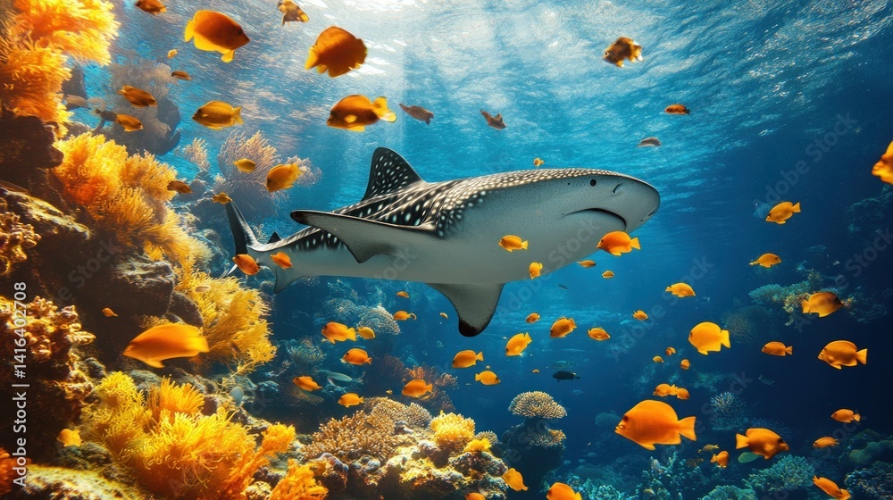 Fototapeta premium Shark in Coral Reef Underwater Scene