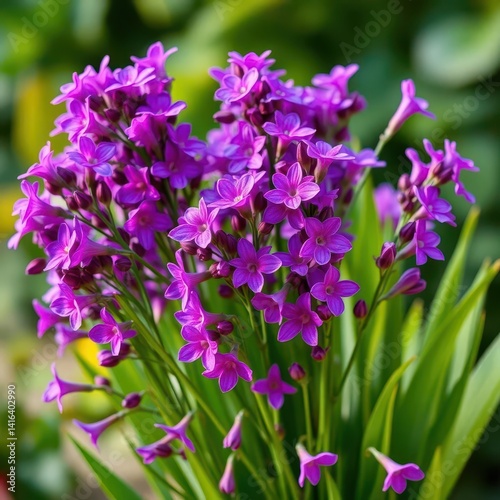 Vibrant purple blooms, lush green stems, fresh bouquet, elegance, blossom