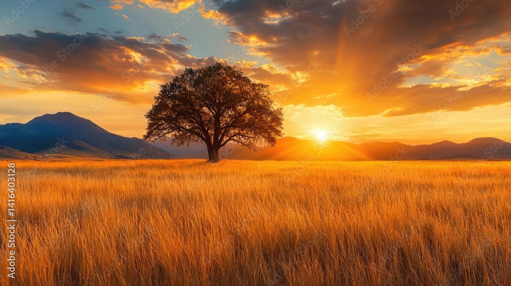Fototapeta premium Solitary tree sunset golden field peaceful nature landscape photography