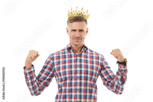 Mature man in checkered shirt wearing crown isolated on white. Self confidence of strong man. Personal empowerment. Leadership and pride. Ambitious and successful man. Leader success