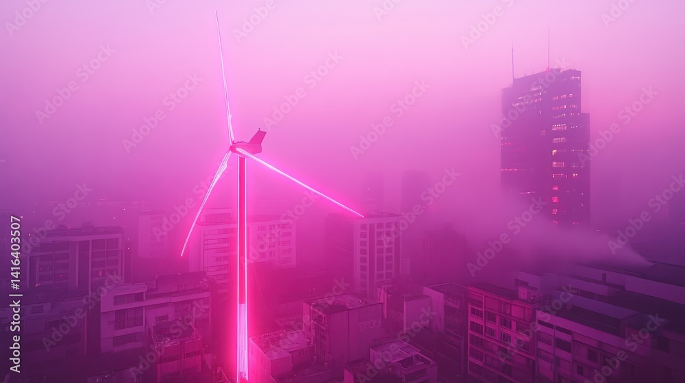 Obraz premium Pink Fog City Wind Turbine