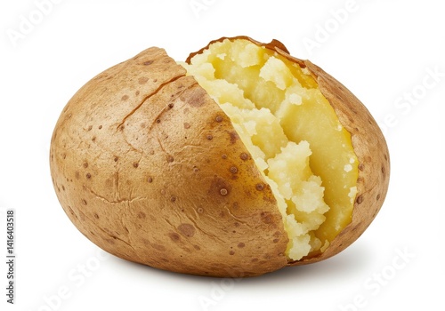 A single baked potato with a split skin revealing the fluffy inside on a white background in studio lighting photo