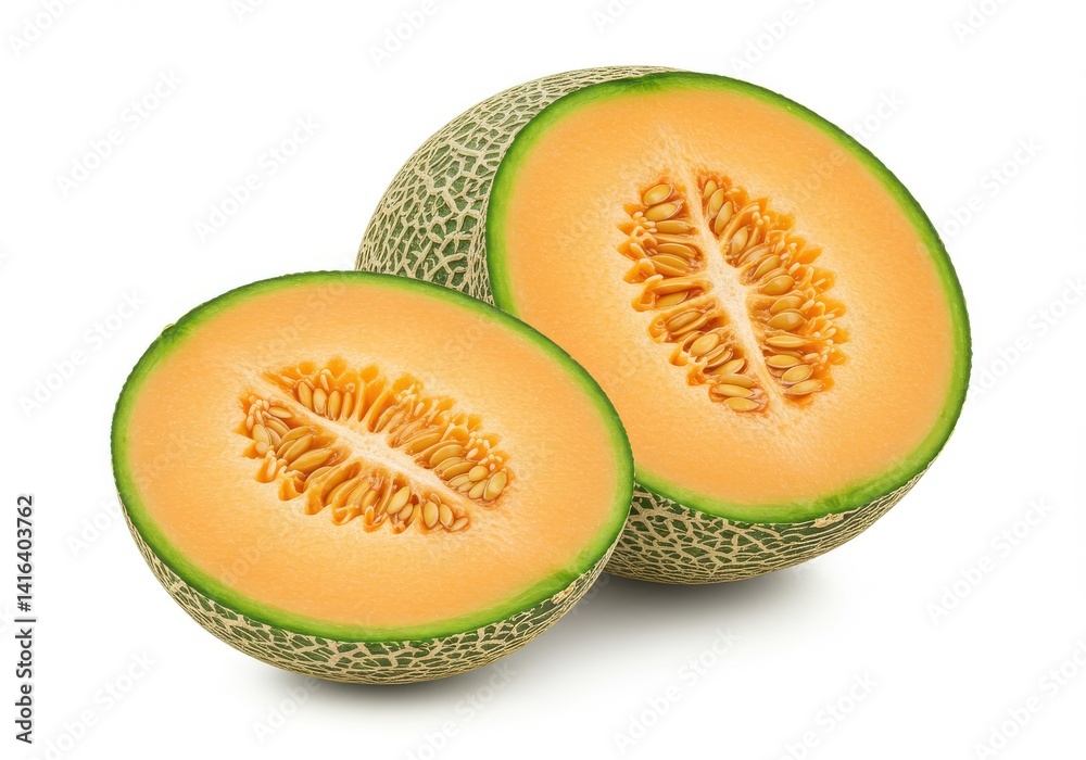 Close up of a cantaloupe melon cut in half showing the seeds and orange flesh on a white background Close up of a cantaloupe melon cut in half showing the seeds and orange flesh on a white background