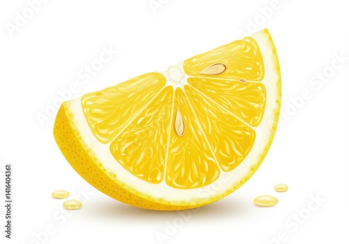 A close up view of a lemon wedge with seeds on a white background in detailed vector illustration
