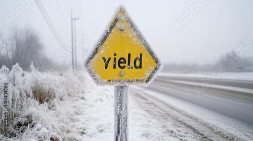 Frosty Yield Sign on Snowy Roadside