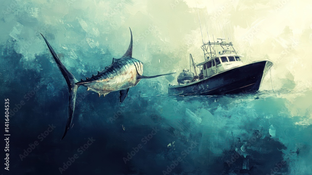 Naklejka premium Watercolor illustration depicting a marlin fish approaching a fishing boat in a vast ocean