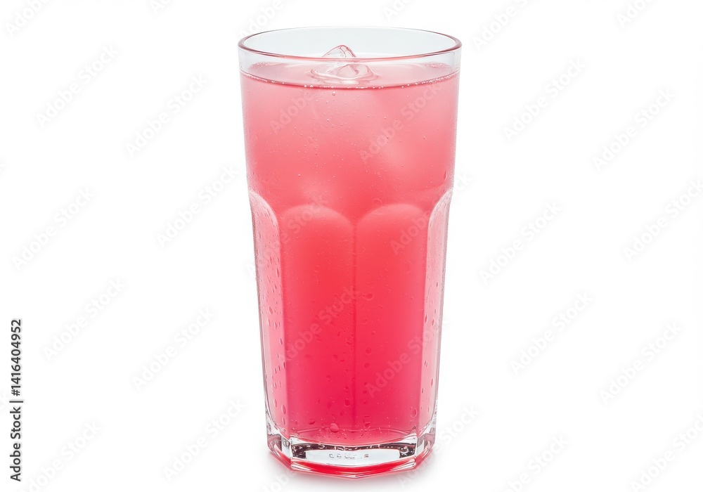 A tall glass filled with a pink liquid and ice cubes, set against a bright white background in the studio A tall glass filled with a pink liquid and ice cubes, set against a bright white background in the studio