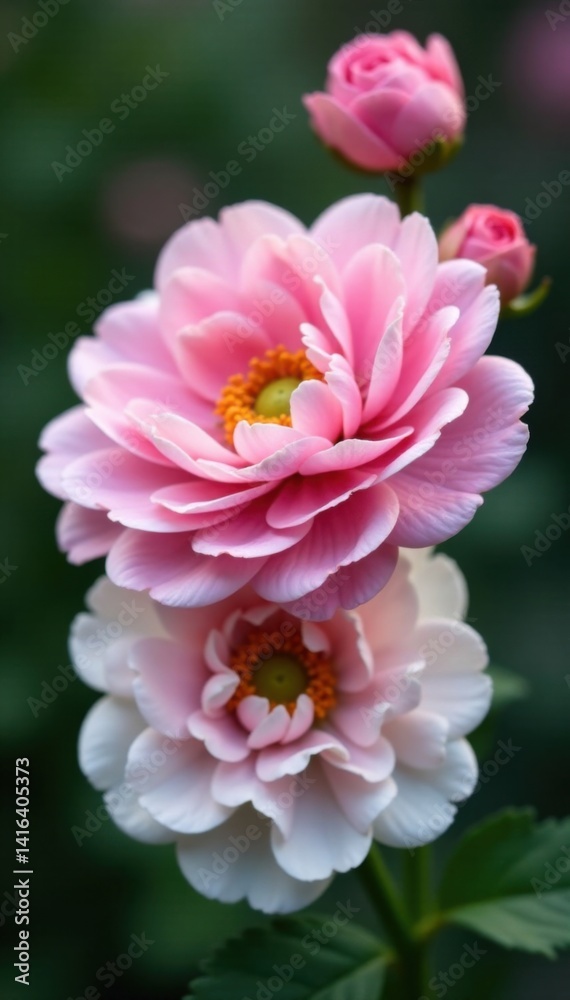 Fototapeta premium Delicate pink and white ranunculus flowers in full bloom, showcasing intricate petals and soft center details, floral arrangement, delicate flowers, pink flowers