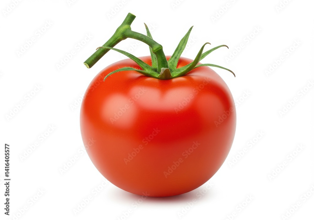 A single ripe red tomato with a green stem attached on a white background in a studio shot image A single ripe red tomato with a green stem attached on a white background in a studio shot image