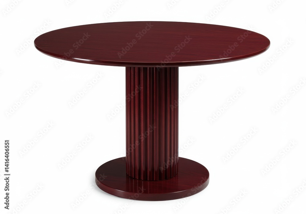 A round maroon table with a fluted pedestal base against a plain white background in a studio shot A round maroon table with a fluted pedestal base against a plain white background in a studio shot