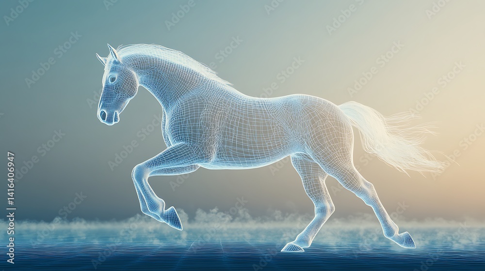 Fototapeta premium Running Horse Wireframe Model on Water Surface Digital Art