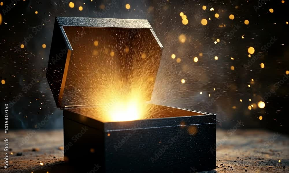 An open black box emitting a burst of glowing golden sparks and light, symbolizing mystery, magic, and surprise
