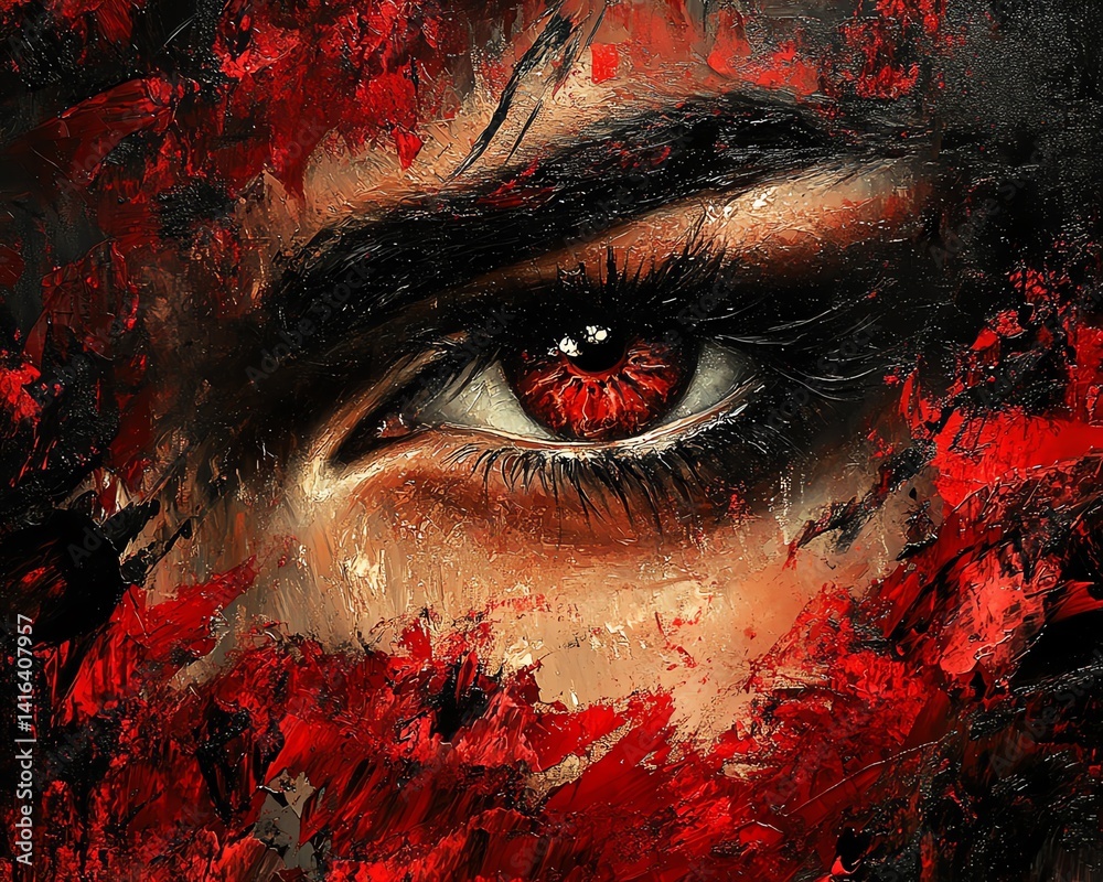 Closeup of intense eyes, surrounded by a chaotic abstract background of reds and blacks, conveying deep emotion, passion, and intrigue