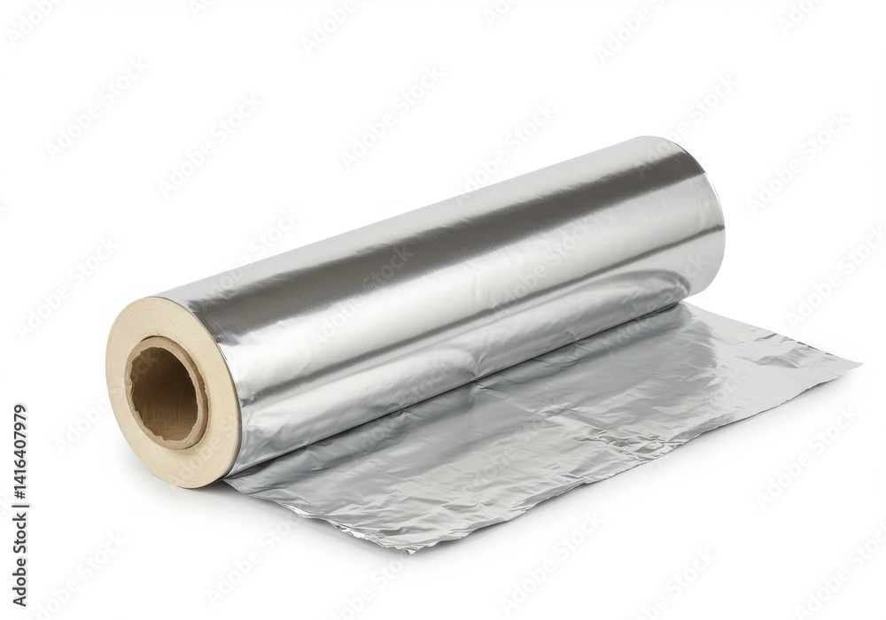 A roll of aluminum foil with some of it unwound on a white surface in a studio shot for product display A roll of aluminum foil with some of it unwound on a white surface in a studio shot for product display