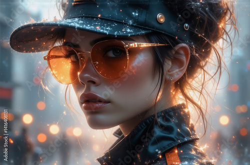 Obraz na płótnie A young woman with orange sunglasses and a visor, stands in a cyberpunk-inspired city, illuminated by warm lights and falling snow. Sparks fly around her. w salonie