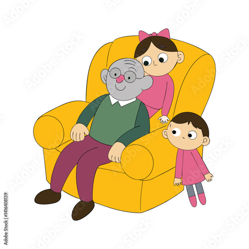 Grandfather Lounging in Yellow Armchair with Grandkids and Cat in Whimsical, Warm Children’s Book Style