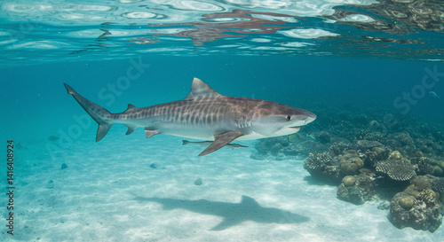 A Majestic Tiger Shark Glides Through Clear Turquoise Water Above a Sandy Seabed with Coral Reefs