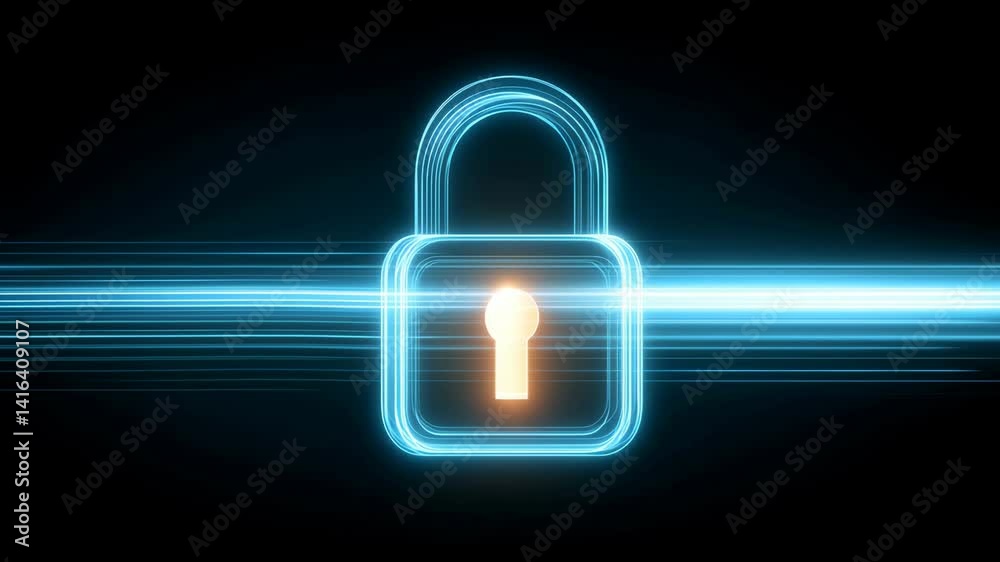 Glowing lock icon on a blue digital background representing security and access Glowing lock icon on a blue digital background representing security and access