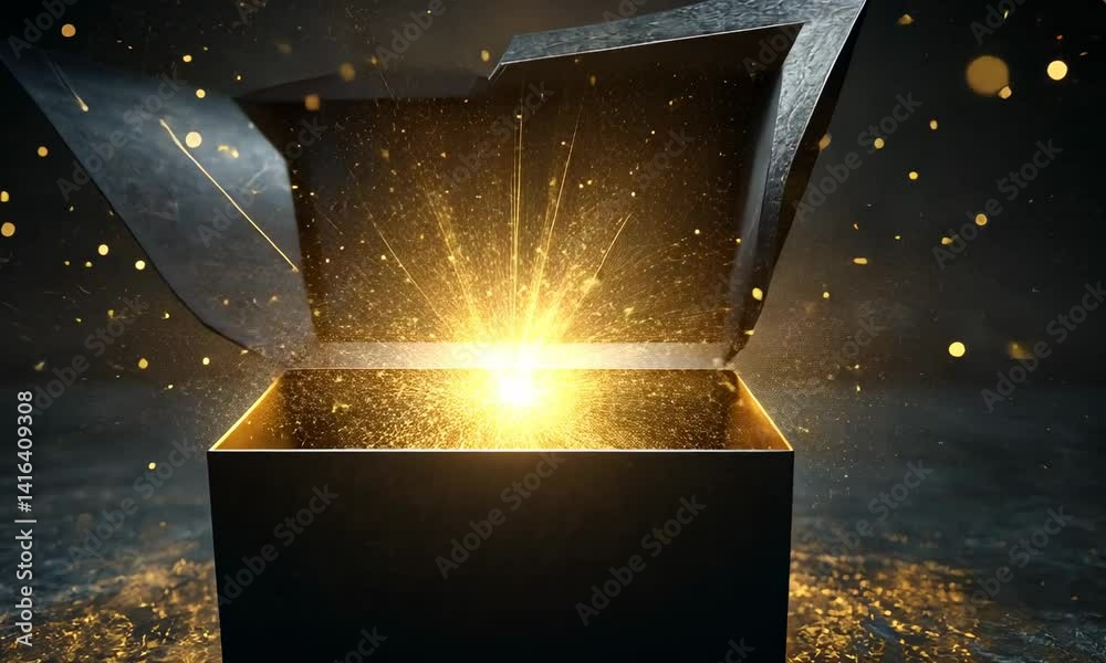 An open black box emitting a burst of glowing golden sparks and light, symbolizing mystery, magic, and surprise