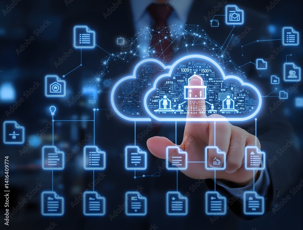 Cloud storage of document management system. Business database and backup technology. Businessman touching cloud computing icon on many file icons. Cloud storage of document management system. Business database and backup technology. Businessman touching cloud computing icon on many file icons.