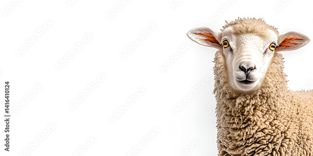 Fototapeta premium A closeup portrait captures the cute white face of a young sheep, a woolly mammal often found as livestock on a farm