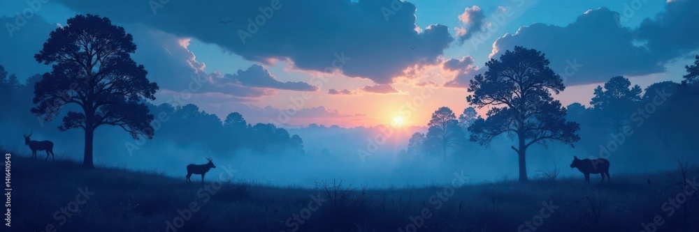 Fototapeta premium Misty forest at dusk with silhouetted trees and animals against a blue sky, forest, silhouette