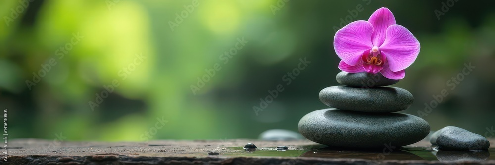Fototapeta premium Serene stacked stones, vibrant pink orchid, tranquil landscape , tranquility, delicate