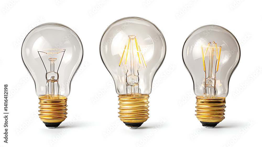 Three distinct light bulbs showcasing different designs and filaments in a clean, bright setting Three distinct light bulbs showcasing different designs and filaments in a clean, bright setting