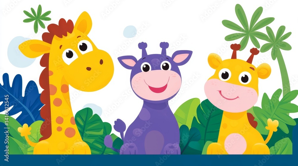 Naklejka premium Charming cartoon giraffes illustration with pixel art style suitable for kids' book cover and background or baby shower invitation template