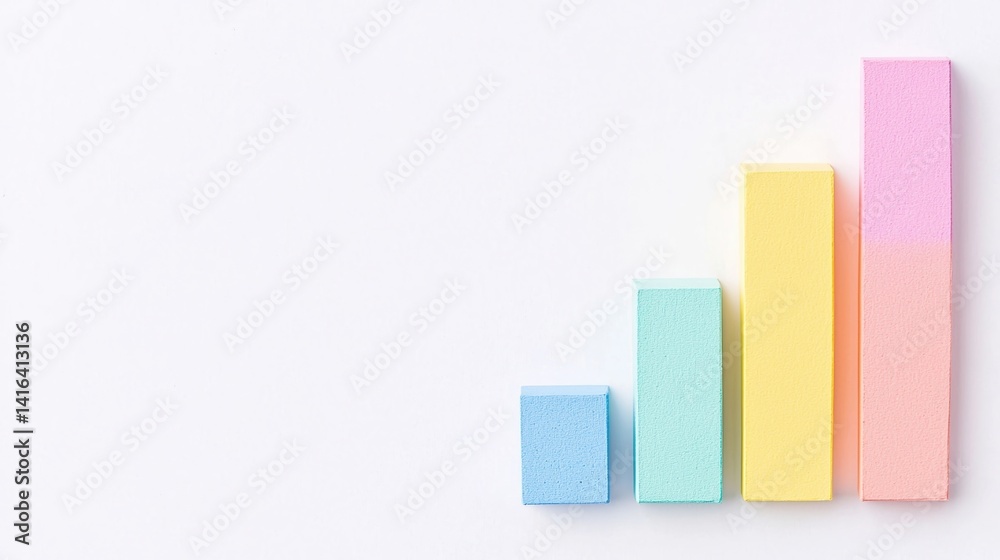 Fototapeta premium A minimalist bar graph made of pastel-colored blocks, illustrating growth or progression against a clean, white background.