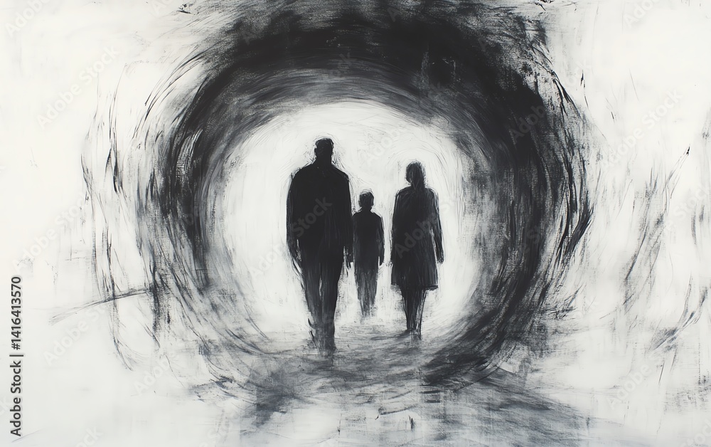 Abstract charcoal illustration of a family unit dissolving into concentric circles, artistic portrayal of time s passage and emotional legacy