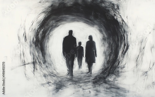 Obraz na płótnie Abstract charcoal illustration of a family unit dissolving into concentric circles, artistic portrayal of time s passage and emotional legacy w salonie