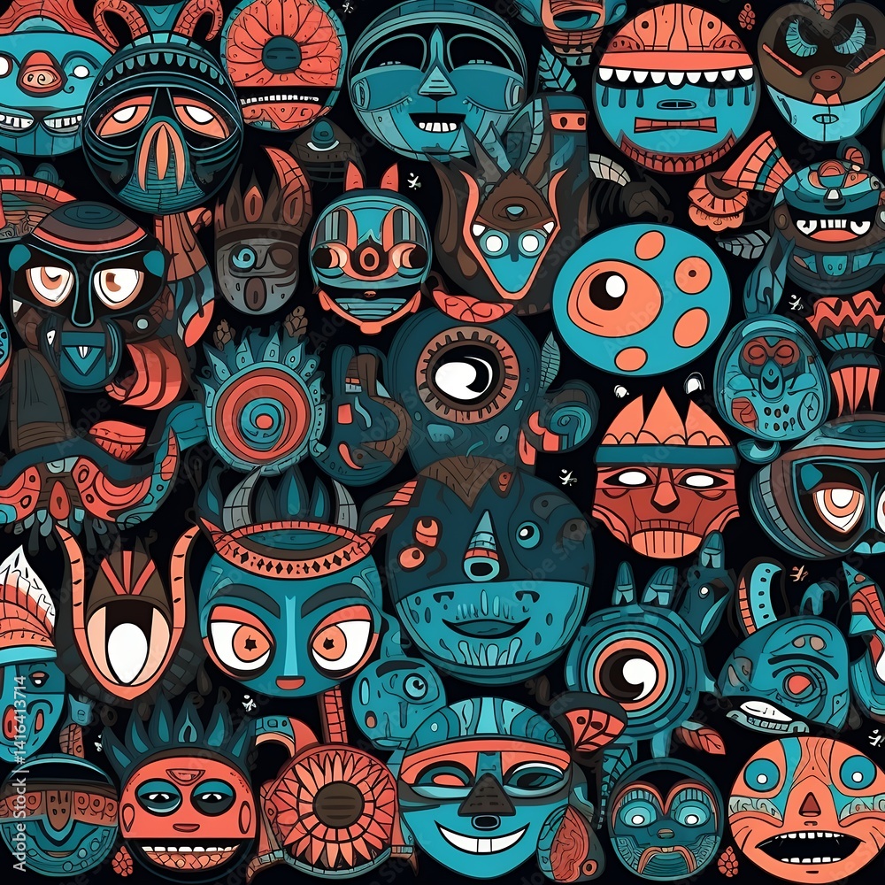 Naklejka premium Vibrant Blue And Red Pixel Art Masks Pattern Abstract Tribal Design