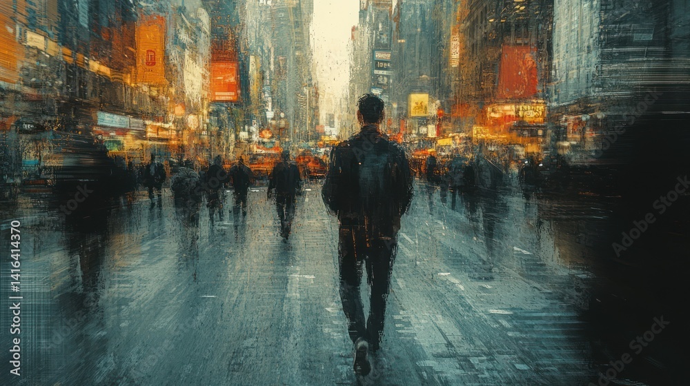 Obraz premium Urban Solitude: A Man Walking Through a Vivid Cityscape in Abstract Style