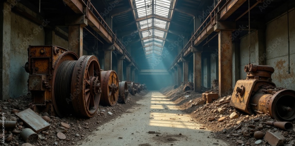 Fototapeta premium Abandoned industrial site with rusty machinery and tangled metal debris, industrial, neglect, pollution