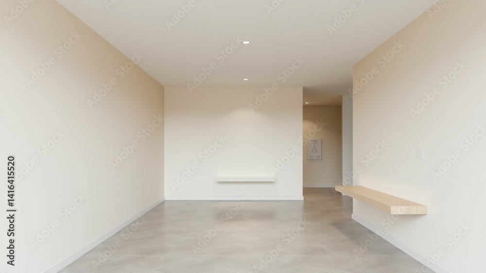 Fototapeta premium Minimalist hallway with off-white wall and shelf
